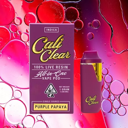 Calicleardisposablesusa.com | cali clear purple papaya – 1g live resin – all in one vape pod – indica